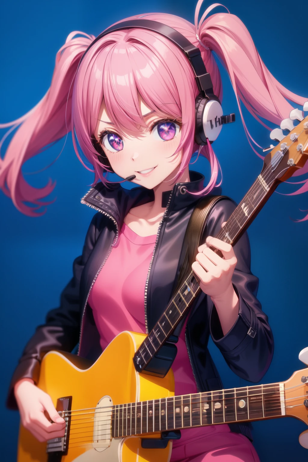 anime girl, pink long ponytails hair, jacket, guitar, smile, headset