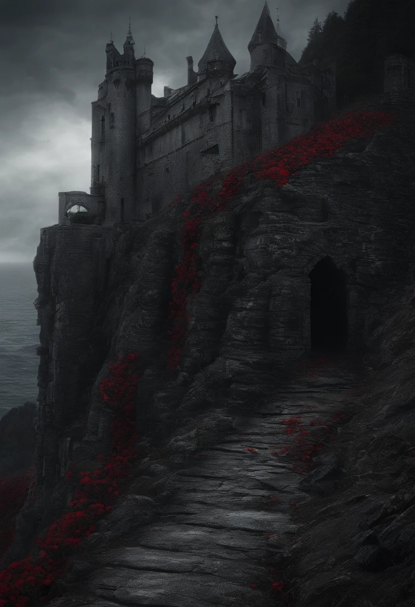 A lonely dark castle stands on a steep cliff on the far coast..，Cold and creepy atmosphere，large depth of field，In the background is bokeh，abandoned gothic castle。Screen close-up 1/Close up of 3 roses，Numerous and dense dark red roses..，The petals have a characteristic texture..。The screen is predominantly black and red..，Black and gray are the main colors..，repression，Low brightness，Low Saturation，Get inspired by the artistic styles of Wayne Barlow and Zdzislaw Beksiński... Submit this image in film format., Show the dark beauty of this decaying world...