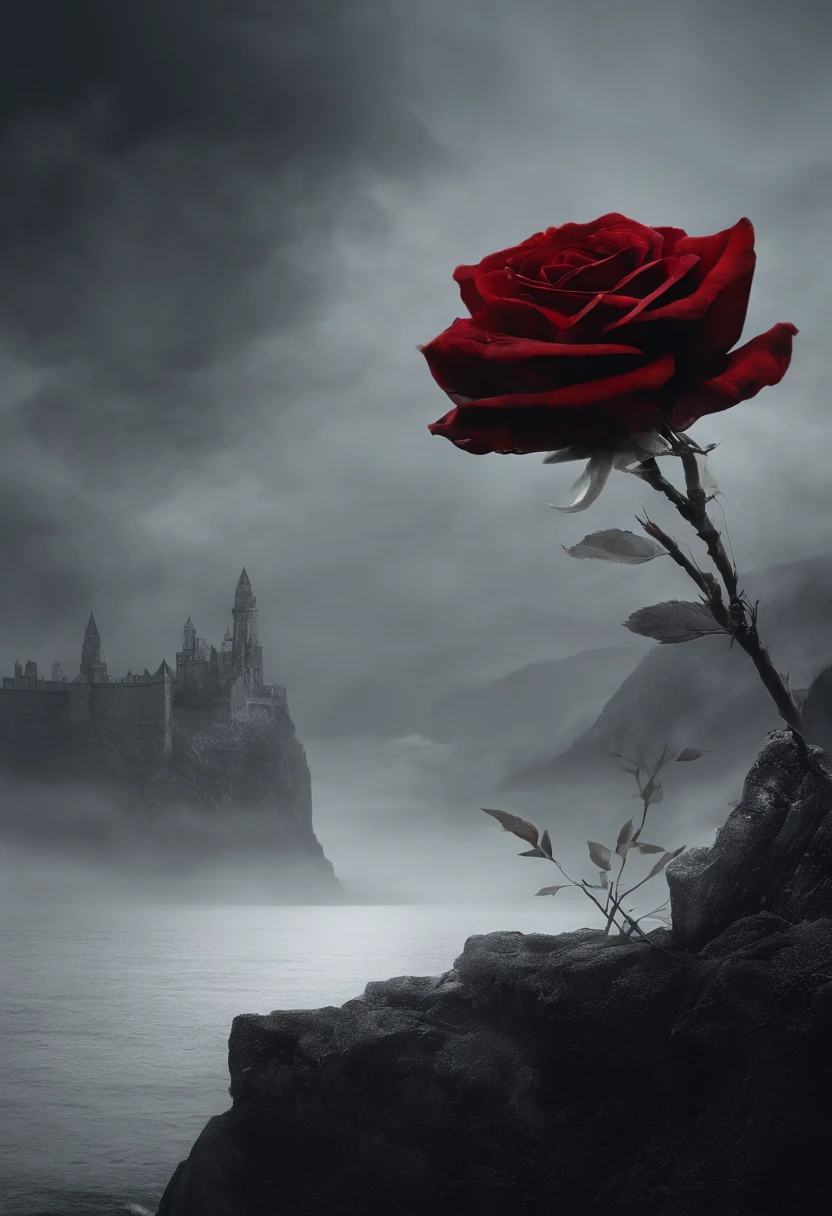 A lonely dark castle stands on a steep cliff on the far coast..,Cold and creepy atmosphere,large depth of field,In the background is bokeh,abandoned gothic castle。Screen close-up 1/Close up of 3 roses,Numerous and dense dark red roses..,The petals have a characteristic texture..。The screen is predominantly black and red..,Black and gray are the main colors..,repression,Low brightness,Low Saturation,Get inspired by the artistic styles of Wayne Barlow and Zdzislaw Beksiński... Submit this image in film format., Show the dark beauty of this decaying world...