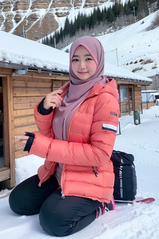 japanese muslim girl, pasmina hijab, perfect body figure, down jacket, pink jacket, ski gear, ski resort