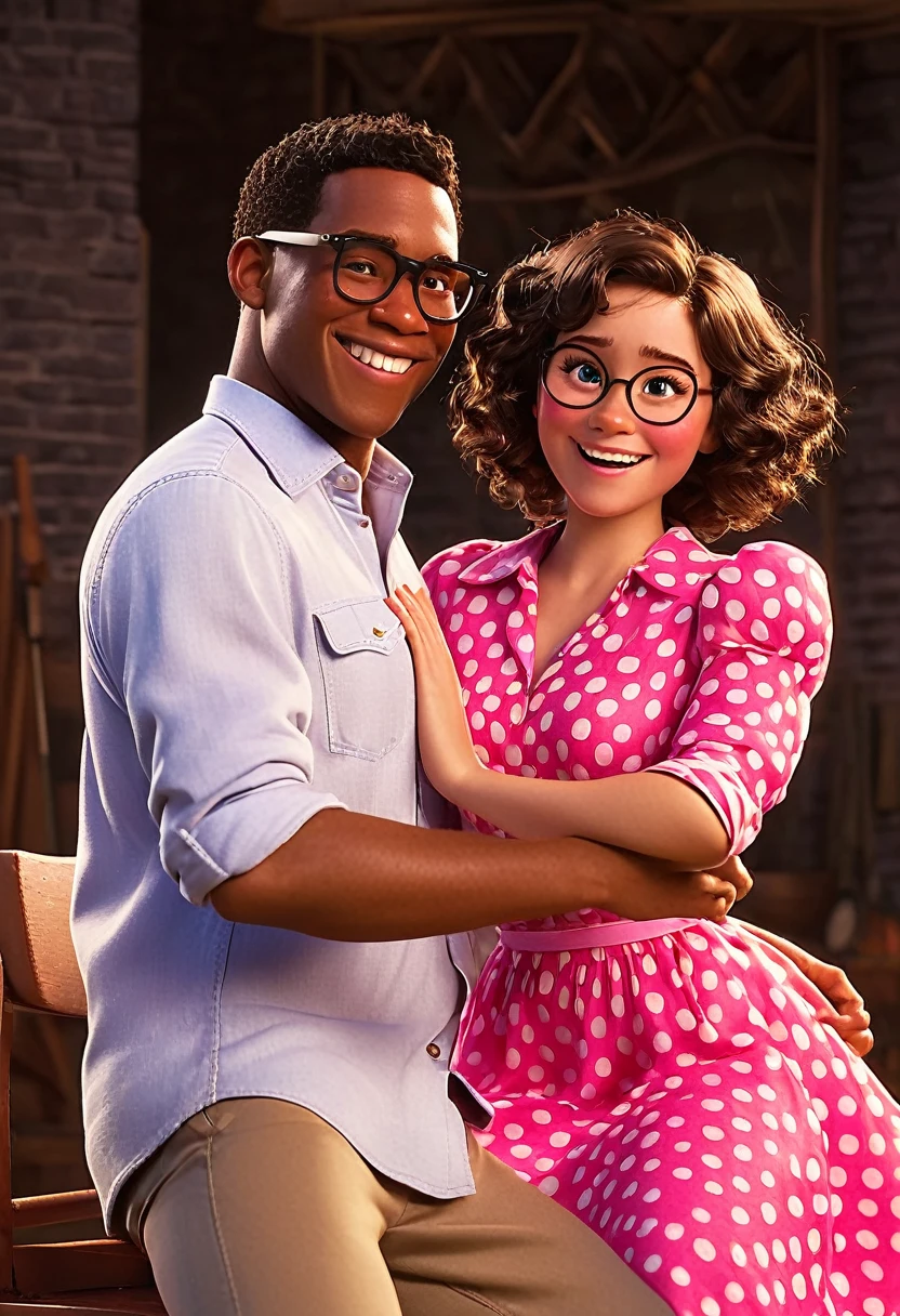 Pixar style image with 3D character white glasses brunette woman short curly hair dancing, Maquiagem Disney,Pescador, bonitinho, sorridente ,fechar-se, Pixar, Disney, Cinema lighting,A striking image of a 25-year-old black couple, the woman in a vibrant pink dress and the man in a crisp white shirt, both smiling warmly. The artwork captures their joy and connection in intricate detail, from the subtle creases on their faces to the way their hands intertwine. The scene is depicted in a SEATED CHAIR that showcases the couple's genuine happiness, with soft, warm lighting that adds a sense of intimacy. Disney Pixar Cartoon type B