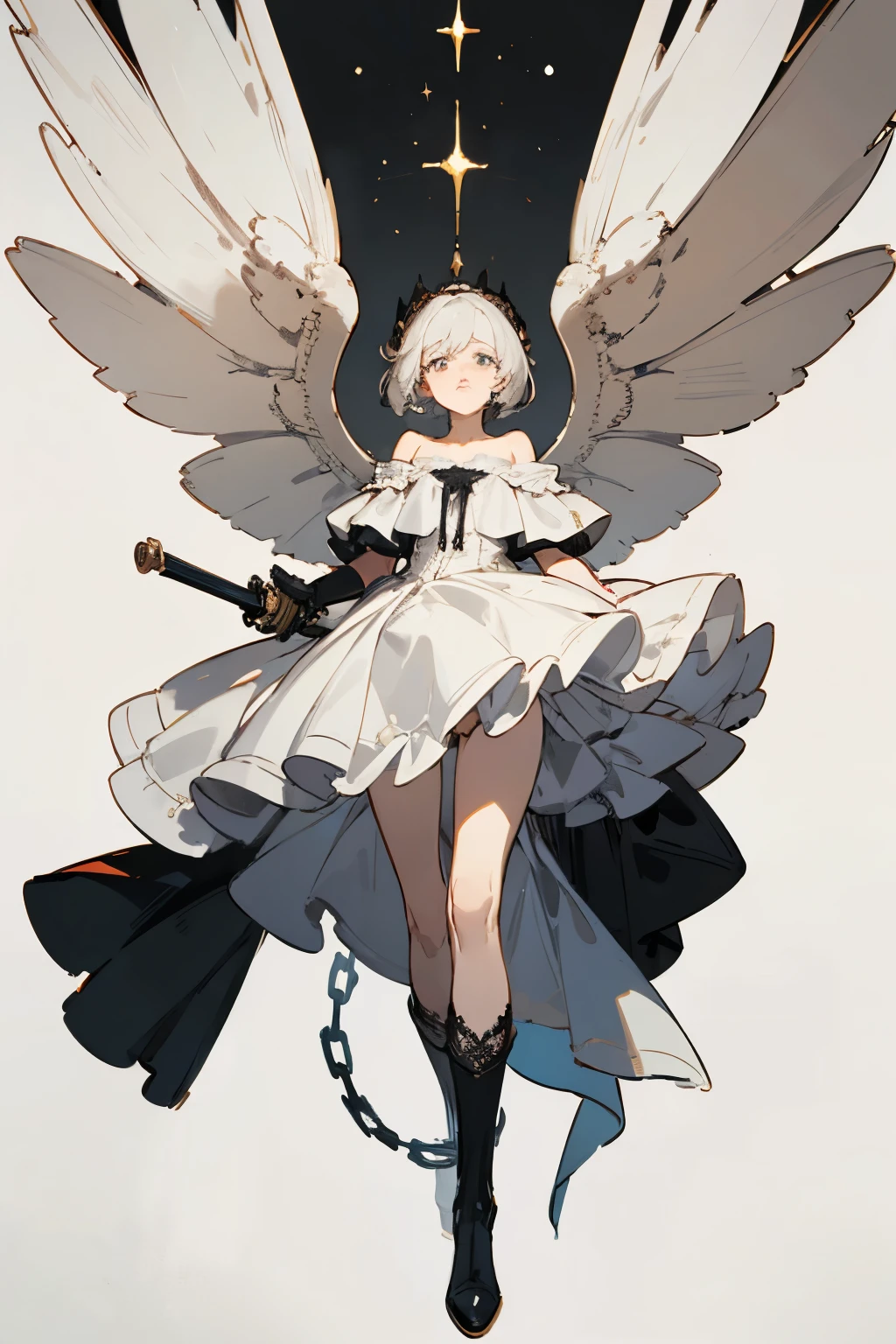 ((best quality)), ((masterpiece)), (detailed), 1girl, off-shoulder, blank white background, plain background, white background, red and white clothing, Bloodborne inspired, occult aesthetic, occult, detailed and intricate steampunk and detailed gothic, NSFW, Very dramatic and cinematic lighting, cosmic horror, grim-dark, side-lighting, perfect face, NSFW, Fluttering lace flared long knee length dress with frilly petticoats, knee length dress, pleated petticoats, lolita dress, petticoats gothic lolita, complex lace boots, side-lighting, gothic lolita aesthetic, wielding a mighty sword with mechanical components, various different types of insect wings, NSFW, full body, whole body, body, plain background, white background, blank background, no background, white background NSFW, chains, full body, whole body, head-to-toe NSFW