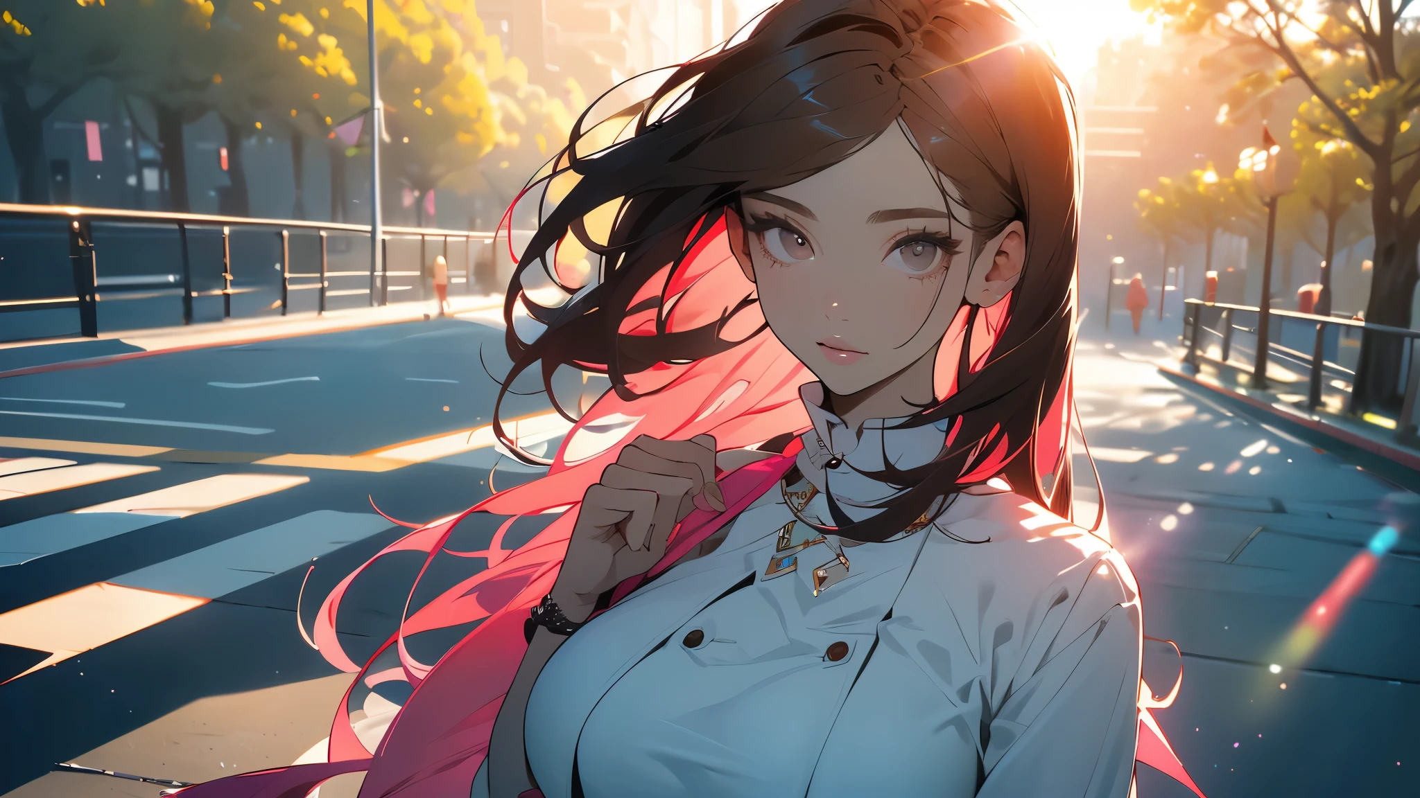 RAW, 1girl, solo, colorful, (masterpiece, best quality:1.3), (absurdres:1.3),   walking, holding Luxury handbag,  
(detailed skin:1.3, detailed face:1.3), from above,  looking at viewer, 
sharp focus, delicate, (korean beauty, korean mixed:1.3), (mature female:1.2), 
(huge breasts:1.4, thick thighs:1.2, narrow :1.1),  light smile, 
(big_eyes:1.2, brown_eyes), red_eyeshadow, pink lips, 
(straight hair), looking at viewer, (thin gray v-neck long midi dress:1.2),
park, english text, day, (sunlight on face:1.5), open_blazer,