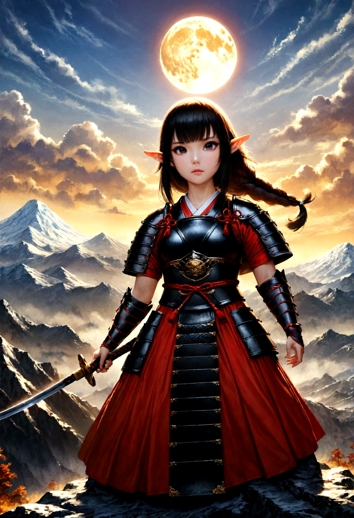 fantasy art, RPG art, dark fantasy art, a female elf samurai, ready to battle, she wears traditional samurai armor, armed with a katana, she stands on top of the mountain at dawn, exquisite beautiful female elf, long hair, black hair, straight hair, braided hair, black eyes, intense eyes, small pointed ears, fantasy mountain top at dawn background, moon, stars, clouds, god rays, soft natural light silhouette, dynamic angle, photorealism, panoramic view, ultra best realistic, best details, 16k, [ultra detailed], masterpiece, best quality, (extremely detailed), photorealism, depth of field, Female Samurai Style