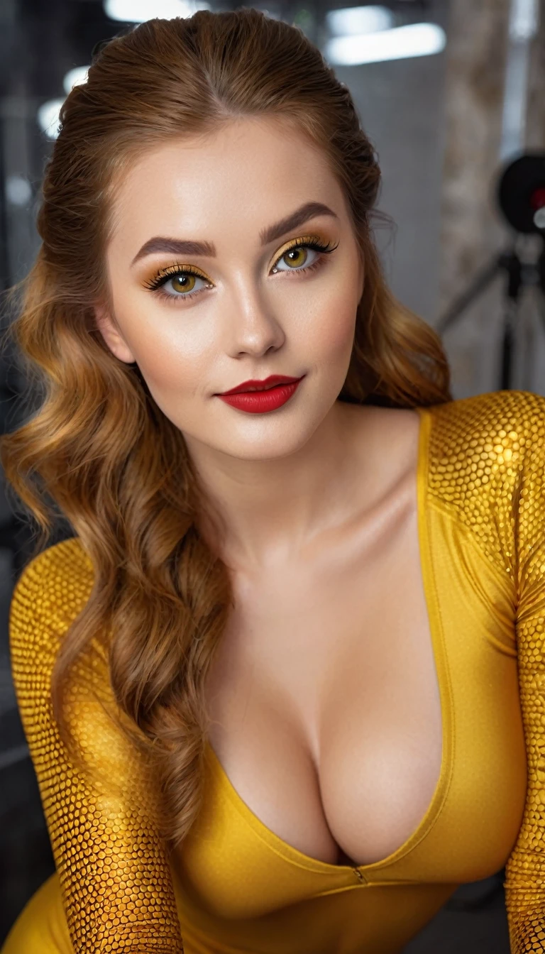 hyperrealistic beautiful busty 19-year-old woman with long legs wearing shiny golden yellow bodycon longsleeve and leggins with honeycomb pattern, model shooting full body photography, ginger very long straight updo hair, soaky wet skin, dark eye makeup with eyeliner, seductive smile, red lips, 8K, Best quality, Meisterwerk, ultra high resolution, (Realismus: 1.4), Originalfoto, (realistische Hautstruktur: 1.3), (Filmkorn: 1.3), (Selfie-Winkel), 1 girl, Beautiful round hazel eyes and facial details, Meisterwerk, Best quality, indoor photography, nsfw