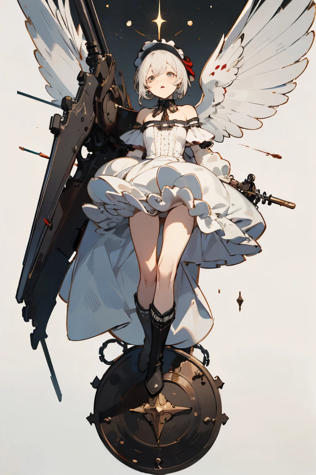 ((best quality)), ((masterpiece)), (detailed), 1girl, off-shoulder, blank white background, plain background, white background, red and white clothing, Bloodborne inspired, occult aesthetic, occult, detailed and intricate steampunk and detailed gothic, NSFW, Very dramatic and cinematic lighting, cosmic horror, grim-dark, side-lighting, perfect face, NSFW, Fluttering lace flared long knee length dress with frilly petticoats, knee length dress, pleated petticoats, ta dress, petticoats gothic lolicomplex lace boots, side-lighting, gothic lolita aetic, wielding a mighty sword with mechanical components, various different types of insect wings, NSFW, full body, whole body, body, plain background, white background, blank background, no background, white background NSFW, chains, full body, whole body, head-to-toe NSFW