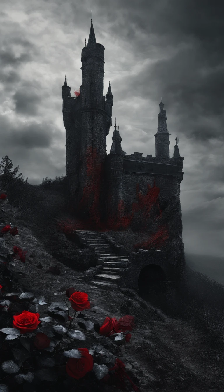 A lonely dark castle stands on a steep cliff on the far coast..，Cold and creepy atmosphere，large depth of field，In the background is bokeh，abandoned gothic castle。Screen close-up 1/Close up of blood red roses，Numerous and dense roses..，The petals have a characteristic texture..。The screen is predominantly black and red..，Black and gray are the main colors..，repression，Low brightness，Low Saturation，Get inspired by the artistic styles of Wayne Barlow and Zdzislaw Beksiński... Submit this image in film format., Show the dark beauty of this decaying world...