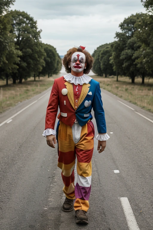 Clown walking in a long road with sad face