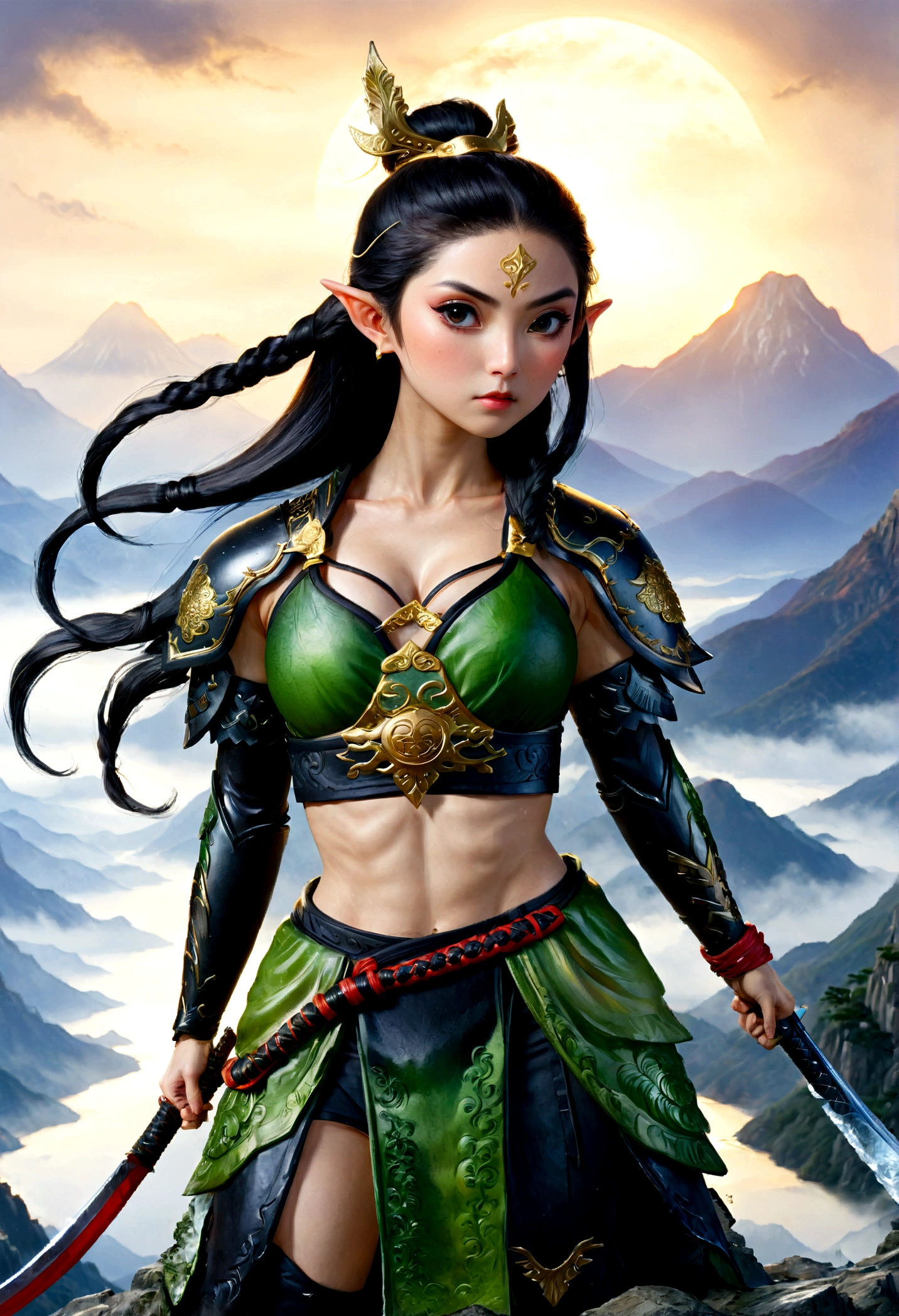 ((water color art: 1.5)), fantasy art, RPG art, dark fantasy art, a female elf samurai, ready to battle, she wears traditional samurai armor, armed with a katana, she stands on top of the mountain at dawn, exquisite beautiful female elf, long hair, black hair, straight hair, braided hair, black eyes, intense eyes, small pointed ears, fantasy mountain top at dawn background, moon, stars, clouds, god rays, soft natural light silhouette, dynamic angle, photorealism, panoramic view, ultra best realistic, best details, 16k, [ultra detailed], masterpiece, best quality, (extremely detailed), photorealism, depth of field,
