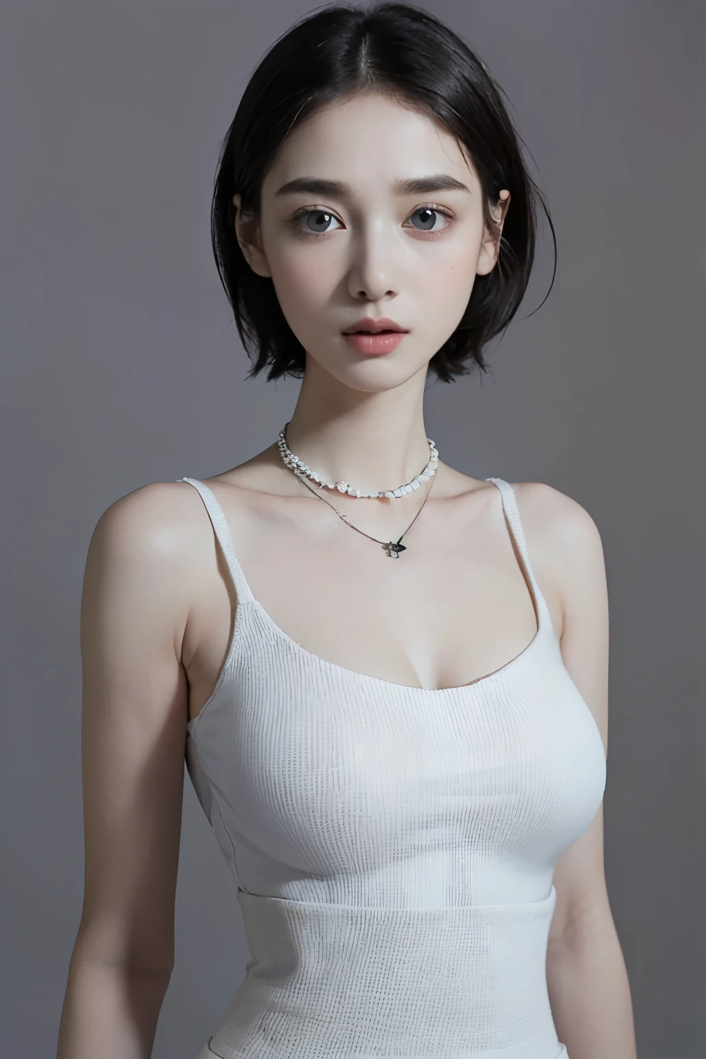best quality, Ultra-high resolution, (Reality:1.4), (2 Girls, Duet, No), (White Sleeveless Turtleneck Sweater, black bodycon skirt, (Black necklace:1.3):1.3), (Thin Head:1.3), (Super detail face, Pretty Face, big eyes, Beautiful nose shape,Narrow nose bridge, perfect beauty, Very porcelain skin, Very fair skin, Delicate and beautiful skin:1.7), (Smile:0.8), ((Faded Gray Short Hair:1.5)), (Huge breasts:1.9), (Breasts in good shape:1.9), (7 deaths, (slim body), (Sloping shoulders, Narrow shoulders, ((Small head, Thin Head:1.4)), Thin on the chest, Thinner below the chest, constitution, (Thin waist:1.2):1.2)), looking at the audience, close up, (random emotions, Random poses that are synchronized with emotions, Lander's Corner, Random Location, Random Location:1.5), (Plane lighting, White simple gradient background:1.4),