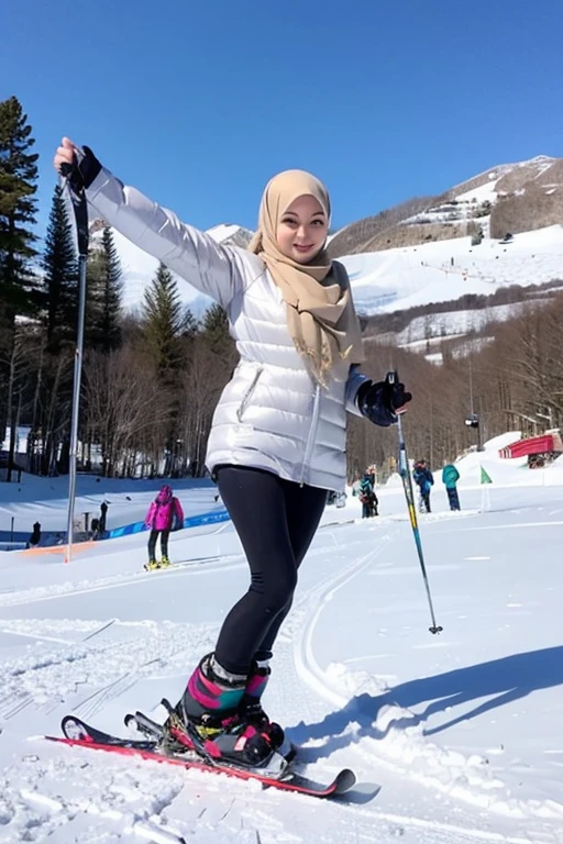 japanese muslim girl, pasmina hijab, perfect body figure, down jacket, ski gear, white jacket, ski resort