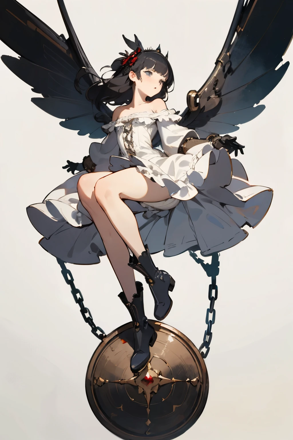 ((best quality)), ((masterpiece)), (detailed), 1girl, off-shoulder, blank white background, plain background, white background, red and white clothing, Bloodborne inspired, occult aesthetic, occult, detailed and intricate steampunk and detailed gothic, NSFW, Very dramatic and cinematic lighting, cosmic horror, grim-dark, side-lighting, perfect face, NSFW, Fluttering lace flared long knee length dress with frilly petticoats, knee length dress, pleated petticoats, lolita dress, petticoats gothic lolita, complex lace boots, side-lighting, gothic lolita aesthetic, wielding a mighty sword with mechanical components, various different types of insect wings, NSFW, full body, whole body, body, plain background, white background, blank background, no background, white background NSFW, chains, full body, whole body, head-to-toe NSFW