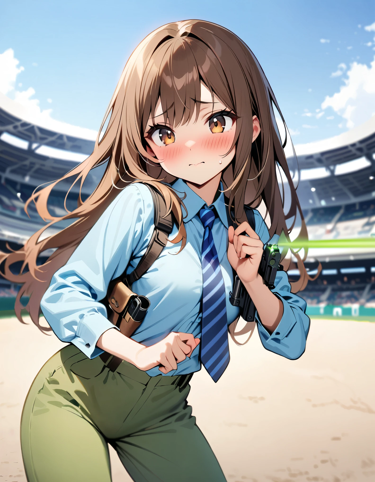 masterpiece, best quality, highres, 1girl, solo, solo focus, dark brown hair, long hair, hazel brown eyes, beautiful detailed eyes, beautiful detailed face, cute face, perfect hands, complete fingers, light blue shirt, long sleeves, shoulder holster, blue striped necktie, green pants, black shoes. blush, shy, klutzy, small sweat-drop on head. tokyo stadium backdrop, outdoors. using an e11blstr, trigger discipline. dodging green laser gunfire.