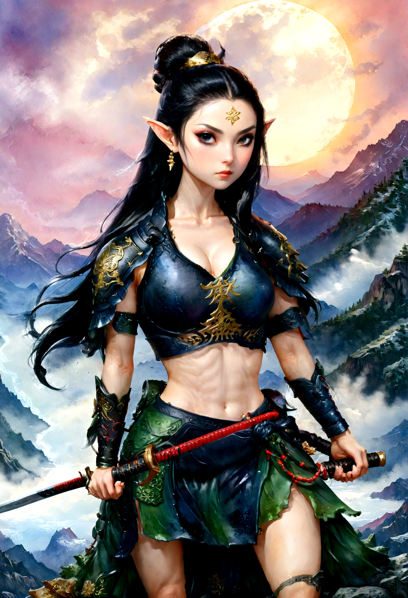 ((water color art: 1.5)), fantasy art, RPG art, dark fantasy art, a female elf samurai, ready to battle, she wears traditional samurai armor, armed with a katana, she stands on top of the mountain at dawn, exquisite beautiful female elf, long hair, black hair, straight hair, braided hair, black eyes, intense eyes, small pointed ears, fantasy mountain top at dawn background, moon, stars, clouds, god rays, soft natural light silhouette, dynamic angle, photorealism, panoramic view, ultra best realistic, best details, 16k, [ultra detailed], masterpiece, best quality, (extremely detailed), photorealism, depth of field,
