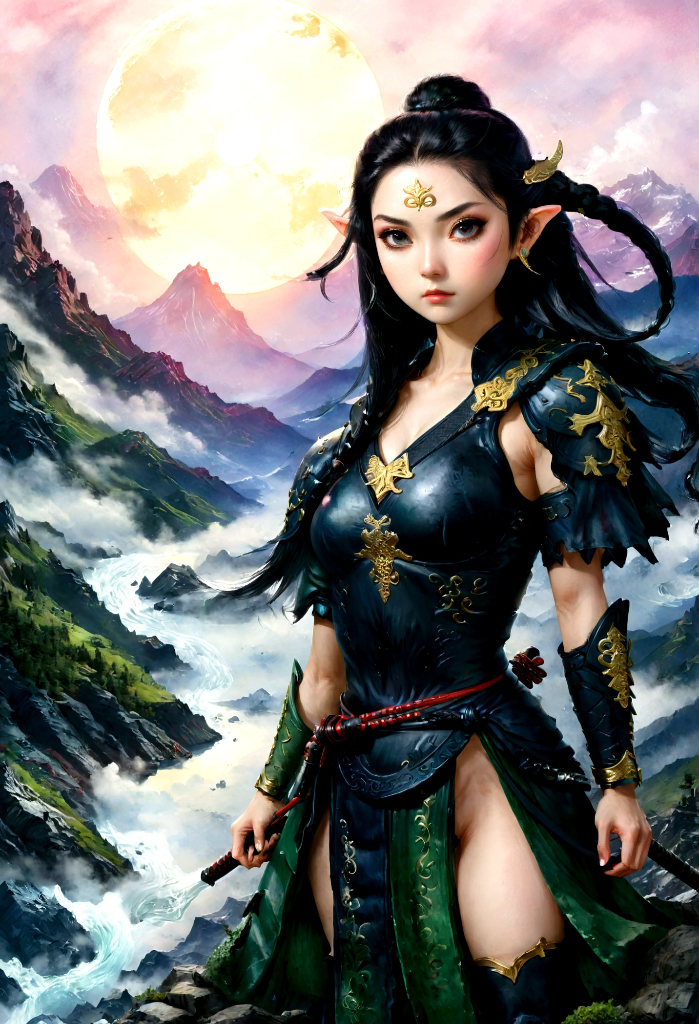 ((water color art: 1.5)), fantasy art, RPG art, dark fantasy art, a female elf samurai, ready to battle, she wears traditional samurai armor, armed with a katana, she stands on top of the mountain at dawn, exquisite beautiful female elf, long hair, black hair, straight hair, braided hair, black eyes, intense eyes, small pointed ears, fantasy mountain top at dawn background, moon, stars, clouds, god rays, soft natural light silhouette, dynamic angle, photorealism, panoramic view, ultra best realistic, best details, 16k, [ultra detailed], masterpiece, best quality, (extremely detailed), photorealism, depth of field,