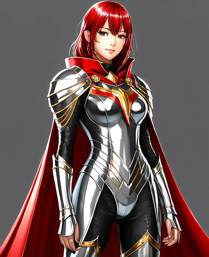 Un personnage manga de 25 ans une femme avec des longs cheveux rouges vêtu d'un armure d'argent avec une cape de couleur dorée 