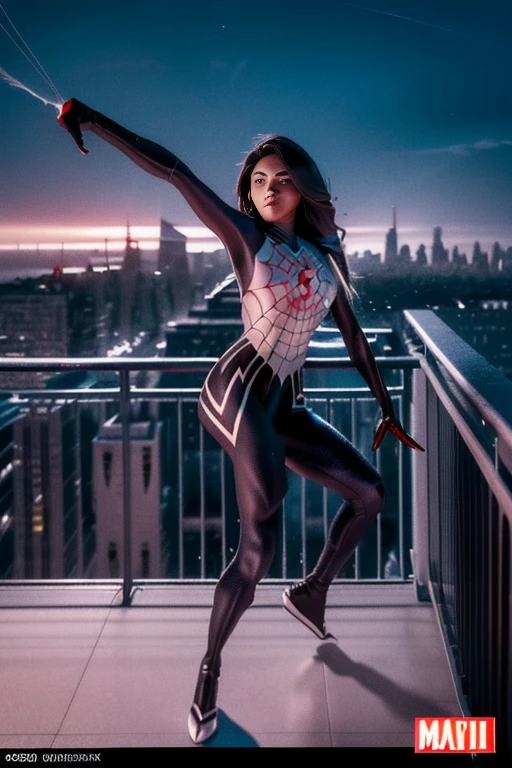 (Extreme Detail CG Unity 8K wallpaper, masterpiece, highest quality), (Exquisite lighting and shadow, highly dramatic graphics, Cinematic lens effect), (A girl in a white Spider-Man costume, from a parallel universe, city skyline in the background, dynamic pose), (excellent detail, outstanding lighting, wide angle), (excellent rendering, enough to stand out in its class)