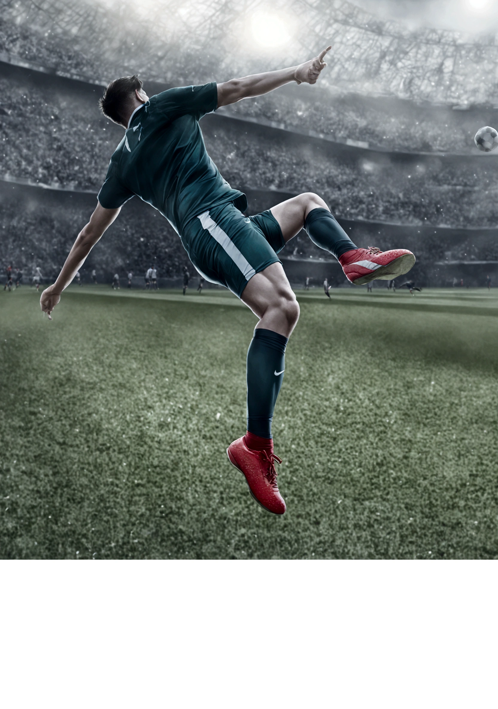 araffe soccer player in mid air kicking a soccer ball, soccer, soccer player, sports, football, ad image, sports photography, new design, sport, mid air, mid air shot, football player, flying shot, advanced technique, professional, awarding winning, sport photography, dynamic angled shot, high kick, cover shot, playing soccer, looks realistic