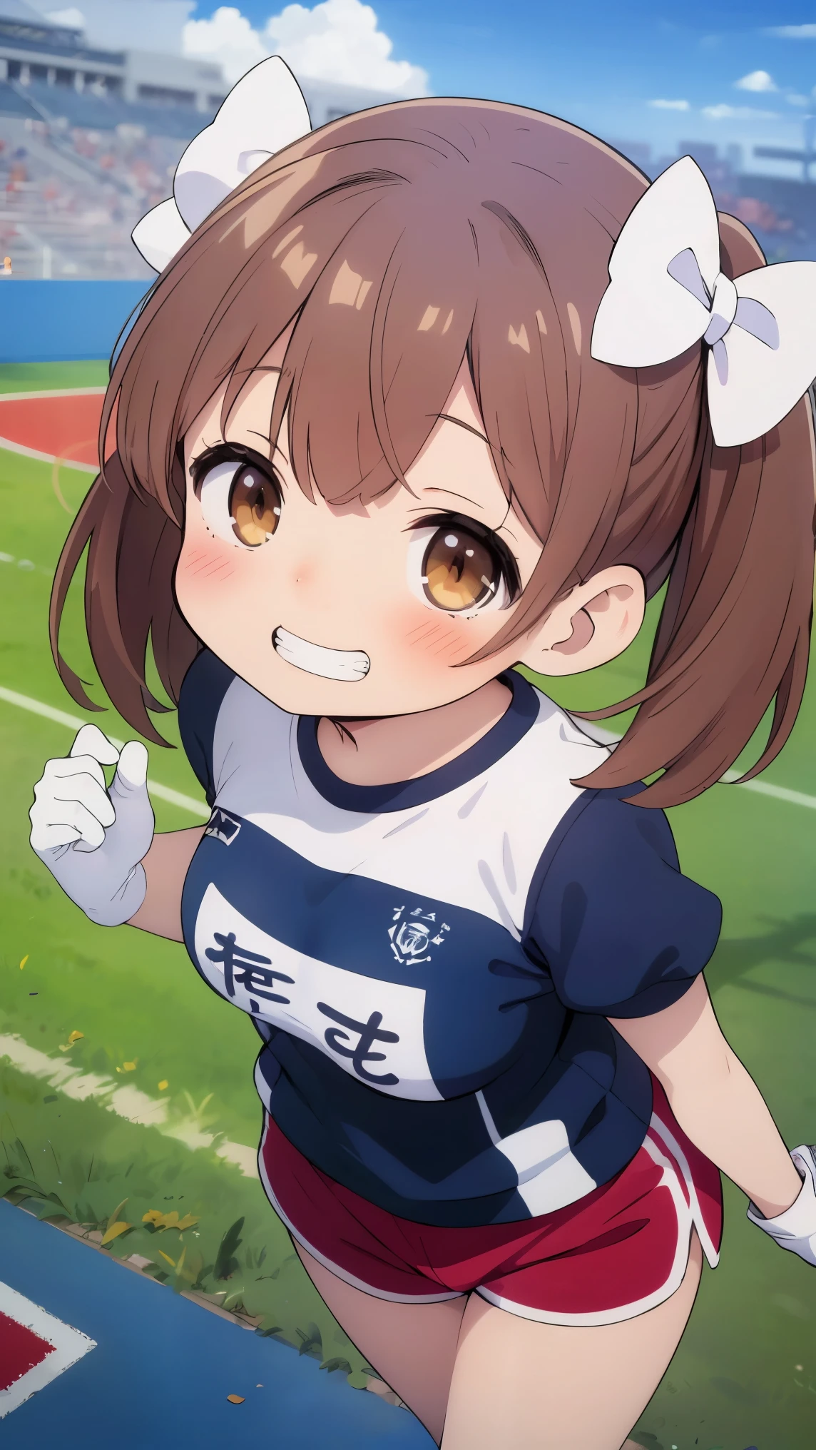(8k, RAW photo, best quality, masterpiece, highres, absurdres, ultra detailed:1.3), (Photography, realistic, photo-realistic:1.4), (beautiful natural lighting, beautiful deatailed shadow, beautiful detailed glow :1.4), atmospheric,
BREAK 1 beautiful girl,(Cute:1.5),(Chibi:0.5),(kawaii:2),(Loli:2),(7 year old girl),(Solo:1.65),BREAK,(flat chest:1.2,),Clear skin,Beautiful skin,Shy,One beautiful,Colossal tits,BREAK (Hair Bow, reddish brown hair, Twin-tail:1.55),(Brown eyes, long eyelashes, Double eyelids:1.4),Shiny skin,BREAK,Star \(symbol\, (gloves, White Gloves:1.3), (bug, Dress,polka dot:1.3) ,(bear foot:1.2), (grin,blush:1.45),
BREAK
(gym clothes,white t-shirt,sports shorts:1.2), Cotton t-shirt, (bouncing breasts,unaligned breasts:1.4), BREAK ,(running,track,school yard,Athletic field,Banner of all nations,clear blue sky,autumn,natural light natural sunlight,motion blur,motion lines,dynamic angle:1.4),
BREAK wakame,wakame,wakame,(cowboy shot, from front above:1.4), BREAK manga illustration,manga style,