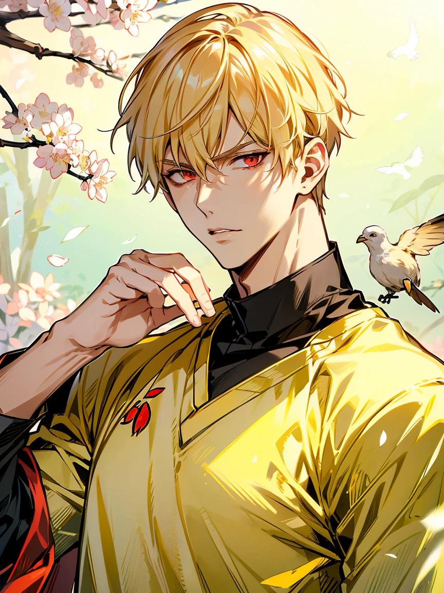 absurdres, highres, ultra detailed, HDR, masterpiece, extremely detailed face and eyes, Gilgamesh, blond hair, short hair, expressive red eyes, Fate Stay Night, solo, sexy man, handsome, basketball uniform, spring, blossoms, petals, birds