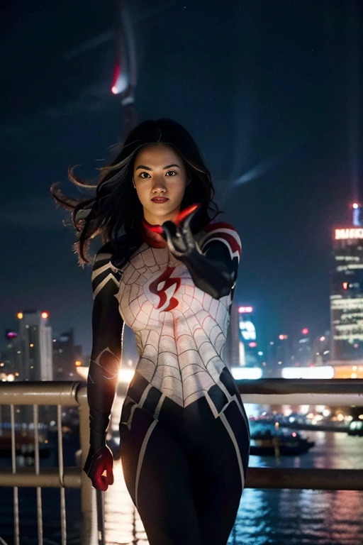 (Extreme Detail CG Unity 8K wallpaper, masterpiece, highest quality), (Exquisite lighting and shadow, highly dramatic graphics, Cinematic lens effect), (A girl in a white Spider-Man costume, from a parallel universe, city skyline in the background, dynamic pose), (excellent detail, outstanding lighting, wide angle), (excellent rendering, enough to stand out in its class)