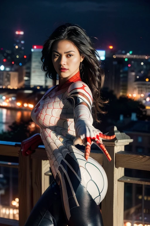 (Extreme Detail CG Unity 8K wallpaper, masterpiece, highest quality), (Exquisite lighting and shadow, highly dramatic graphics, Cinematic lens effect), (A girl in a white Spider-Man costume, from a parallel universe, city skyline in the background, dynamic pose), (excellent detail, outstanding lighting, wide angle), (excellent rendering, enough to stand out in its class)