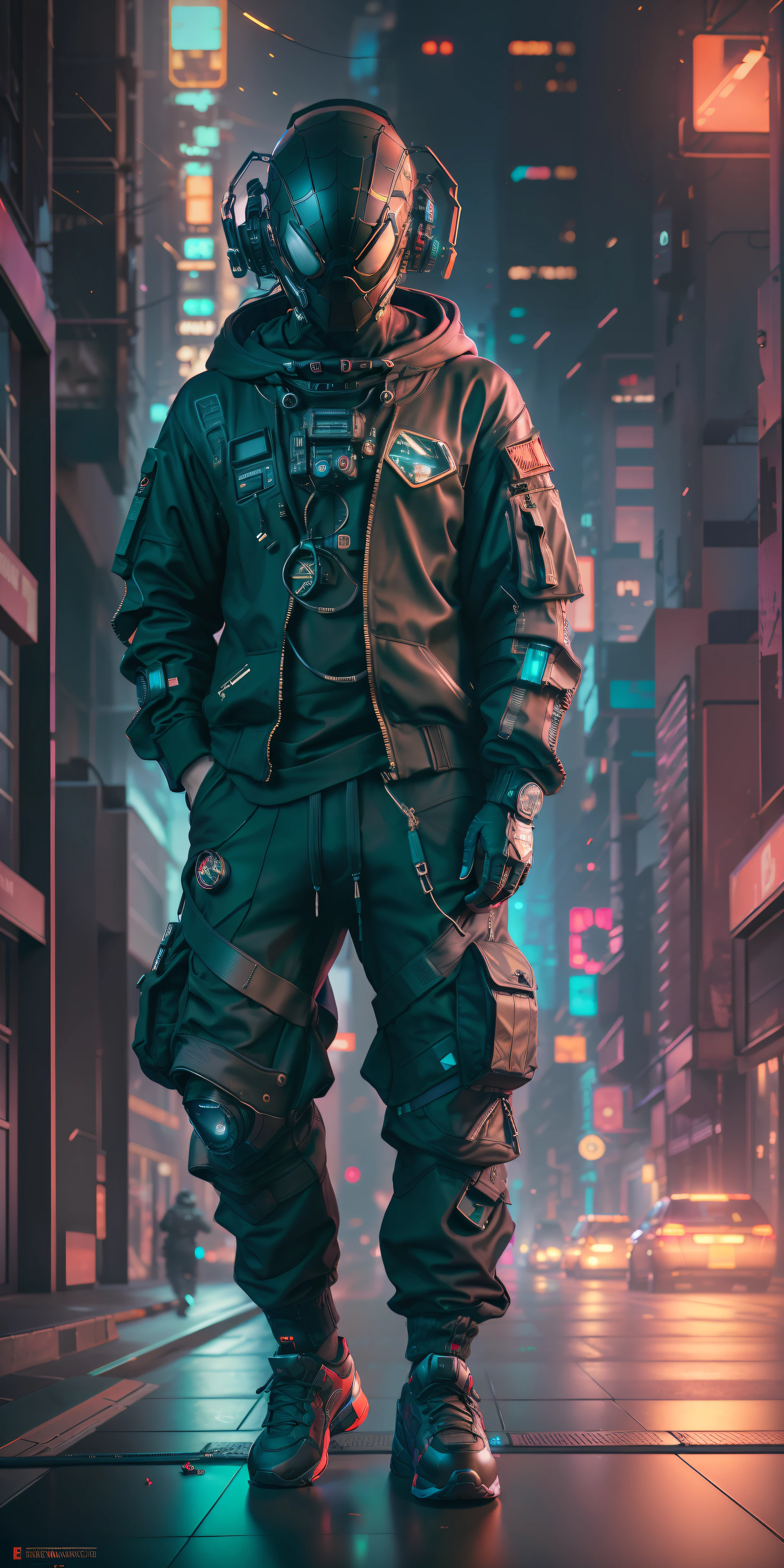 (Obra de arte, tiro de corpo inteiro, intricado raw photography) Cyberpunk Citizen, o homem-aranha em traje de astronauta, large and comfortable black sweatshirt, Black cargo pants, Roupas pretas, escuro, usando um capacete preto estilo Hitech Astronauta, intricado, futurista, Advanced technology, escuro environment, dramatic, luz e sombra, cinematic, action movie, nitidez, random relaxed position, cidade ciberpunk, luzes da rua, escuro street, noite, instant photo, foto do ano, octane rendering, substance, Maia Modelo 3D, cinema4D, ArtStation Trends, Devian Art Trend,