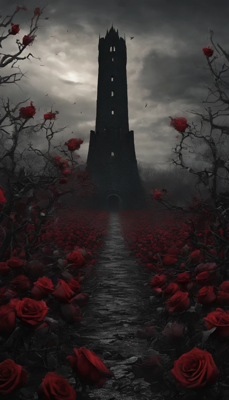 A lonely dark tower stands among a field of roses, A road paved with stones cracked by time leads to it, along which a wanderer wrapped in a tattered cloak in a cowboy hat slowly walks towards the Tower...,Cold and creepy atmosphere,large depth of field,In the background is bokeh,tall dark tower。Screen close-up 1/Close up of blood red roses,Numerous and dense roses throughout the field around the Tower..,The petals have a characteristic texture..。The screen is predominantly black and red..,Black and gray are the main colors..,repression,Low brightness,Low Saturation,Get inspired by the artistic styles of Wayne Barlow and Zdzislaw Beksiński... Submit this image in film format., Show the dark beauty of this decaying world...