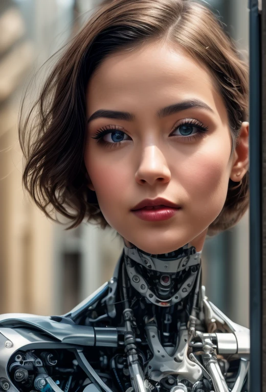 A cyborg girl stands in the center of a large bright studio and is engaged in creating her self-portrait on canvas. She is depicted in all her majestic beauty and elegance. Her metallic skin reflects the light, creating a play of hues and highlights like an expensive piece of jewelry.
Her long metal hair frames her face, giving her a mysterious and alluring look. Her bright eyes, in which light shimmers, stare straight ahead with confidence and the strain of creative inspiration.
The cyborg girl is depicted in a graceful pose, showing off her grace and strength as well as the fine workings of her mechanical limbs. Her hands hold brushes and are immersed in the creative process of creating a stunning work of art.
The outline of the self-portrait she is creating with oil paints is already outlined on the canvas. The drawing begins to come to life under her dexterous fingers, gaining depth and volume, and the coating of color fills the canvas with bright hues and rich colors.
This entire moment is captured in a gorgeous and amazing scenario that combines the beauty of art, power and technological advancement to make the cyborg girl a unique and inspiring image. beautiful shiny smooth, high quality, best quality, absurdres, masterpiece, beautiful, intricate details, 1/2 body crop, slim body, beautiful figure, magnificent anatomy, (intricate details:1.12), HDR, (intricate details, hyper-detailing:1.15), (natural skin textures, hyper realisitc, soft light, Sharp:1.2)
