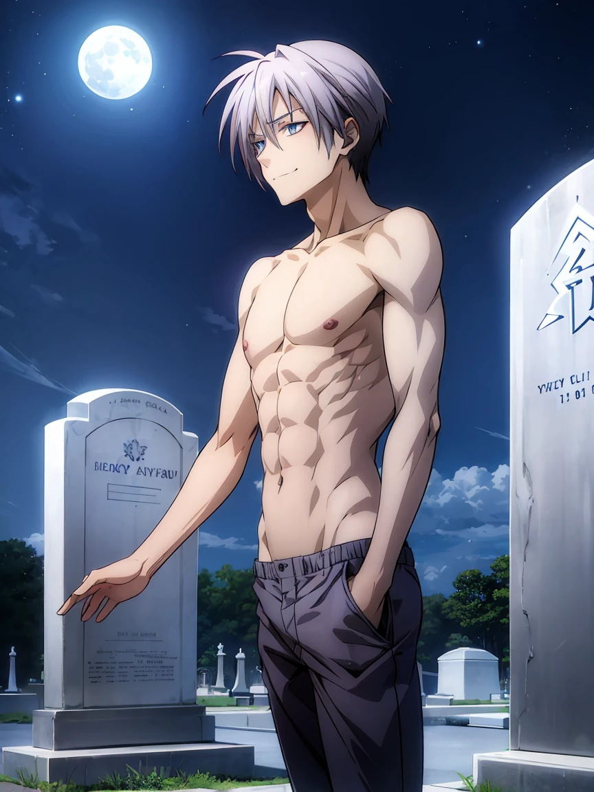 ayumu aikawa, gray hair, blue eyes, manly face, smile, shirtless, slim, fit, abs, closed mouth, outdoors, sky, day, briefs, cloud, pants,, cemetery, moon, night,