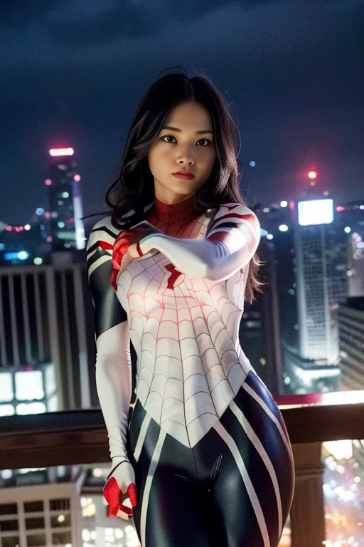 (Extreme Detail CG Unity 8K wallpaper, masterpiece, highest quality), (Exquisite lighting and shadow, highly dramatic graphics, Cinematic lens effect), (A girl in a white Spider-Man costume, from a parallel universe, city skyline in the background, dynamic pose), (excellent detail, outstanding lighting, wide angle), (excellent rendering, enough to stand out in its class)