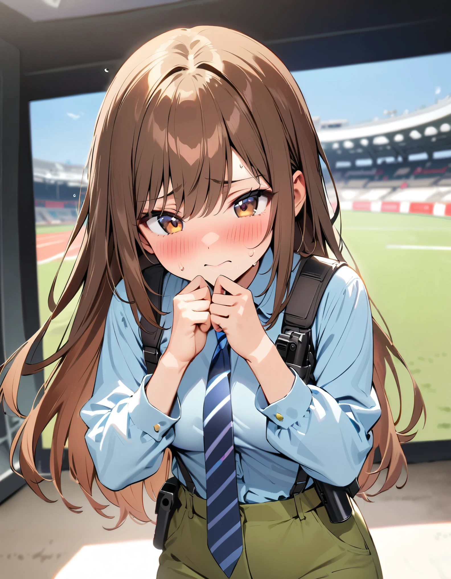 masterpiece, best quality, highres, 1girl, solo, solo focus, dark brown hair, long hair, hazel brown eyes, beautiful detailed eyes, beautiful detailed face, cute face, perfect hands, complete fingers, light blue shirt, long sleeves, shoulder holster, blue striped necktie, green pants, black shoes. blush, shy, klutzy, small sweat-drop on head. tokyo stadium backdrop, outdoors. using an e11blstr rifle, trigger discipline. dodging green laser gunfire.