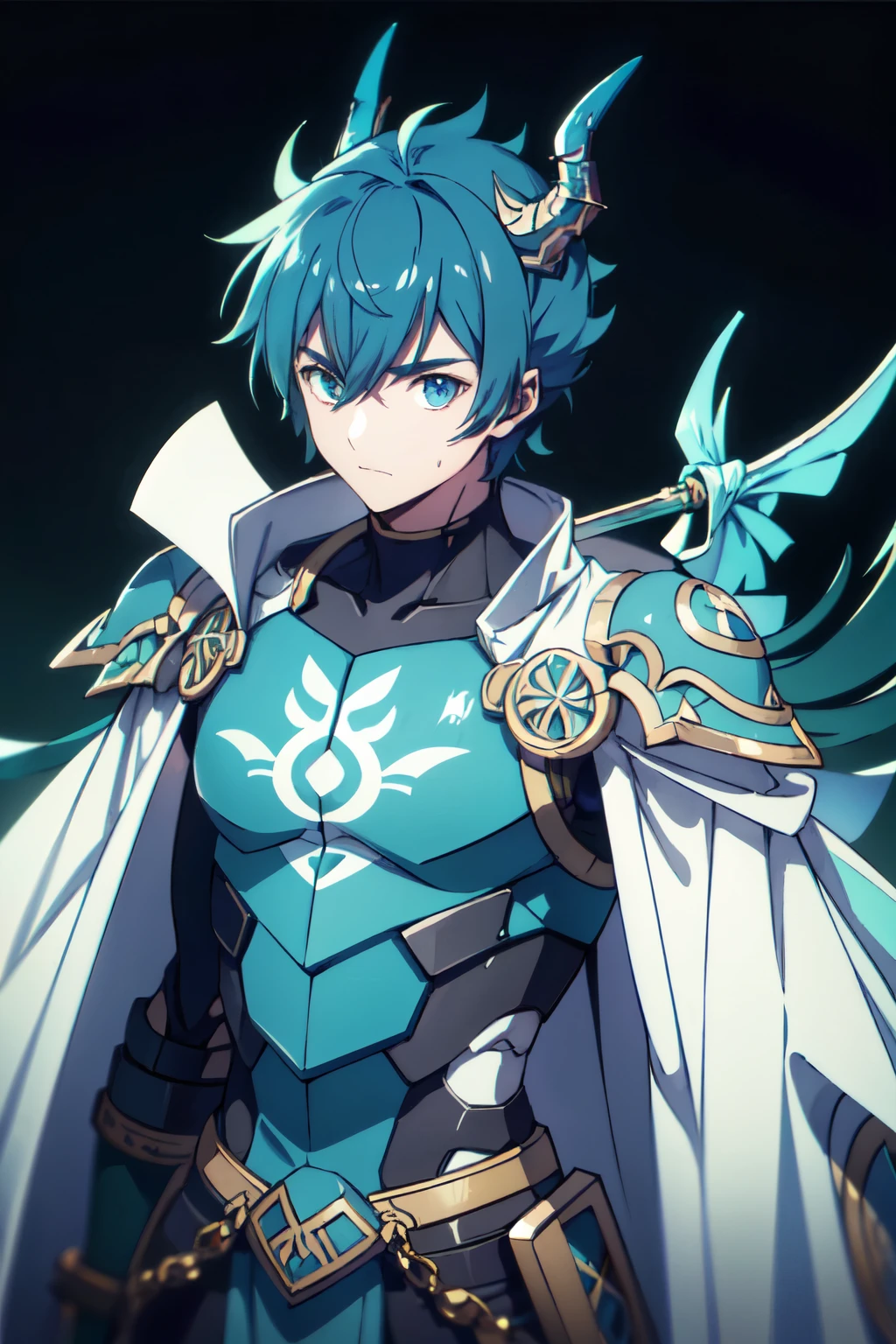 um homem de anime com 1.80 de altura (cabelos longos prateados) com (olhos verdes) com (uma cicatriz em sua testa em x) e (several runes on his body with a blue color but the most striking is one that resembles a dragon on his back)
roupas (he wears a torn cloak and a breastplate with joints and shoulder pads made of old plates with a symbol of two dragons)
sua arma (it is a bow made of black steel with blue runes that connect to a blue stone in the middle of the bow)