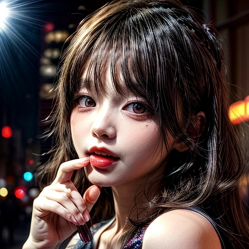 (highest quality,Super detailed,Physically Based Rendering:1.2), (RAW, Realistic, Photorealistic:1.37),Portraiture,Beautiful young woman with Delicate facial features,Soft lighting, ((Playfully licking finger with tongue, Gently placing a finger in the mouth)), (Close-up shot of sensual lips),Cheeks turn slightly red,A gentle and captivating gaze, cute BabyLike finger . Studio gray background, Light Particles, many blurred colorful Lights (dazzling bokeH) . BREAK . (((NOGIZAKA face variations)))  Extremely Detailed very KAWAII face variations, elaborate detailed Eyes with (sparkling highlights:1.2), (Voluminous long eyelashes:0.9)、Glossy RED Lips with beautiful details, Coquettish tongue, Rosy cheeks, Radiant PearlSkin with clear transparency, (Natural:0.7) Detailed FlawlessSkin with glowing DowneyHair . { (Dynamic LifeLike expressions) | :d) }, (large eyes:-1) . mouth_hold