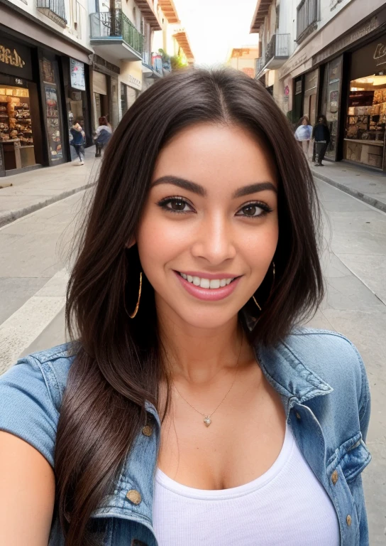 Una mujer caminando por una calle de una ciudad costera, con una bolsa en su mano, atractiva mujer con cabello ondulado y piel moena, regresa de hace compras, hermosa sonrisa, 🤬 🤮 💕 