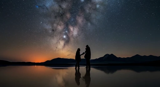 ((highest quality)), ((masterpiece)), ((long range shooting)),evening, women are,Standing on a salt lake,The water surface is like a mirror,Reflecting the sky。Look at the sky,The Milky Way is in the sky。