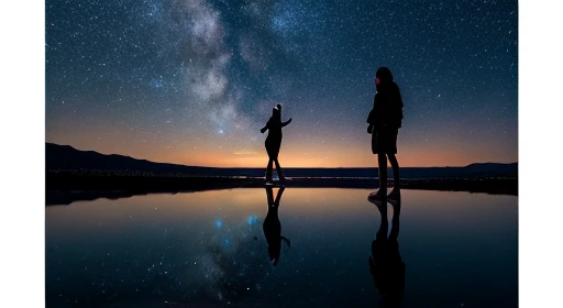 （（highest quality））， （（masterpiece））， （（long range shooting）），evening， women are，Standing on a salt lake，The water surface is like a mirror，Reflecting the sky。Look at the sky，The Milky Way is in the sky。