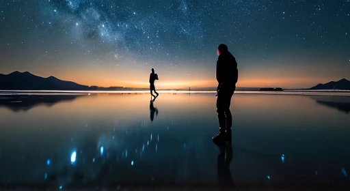 ((highest quality)), ((masterpiece)), ((long range shooting)),evening, women are,Standing on a salt lake,The water surface is like a mirror,Reflecting the sky。Look at the sky,The Milky Way is in the sky。
