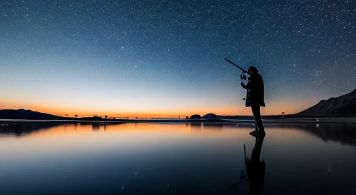 （（highest quality））， （（masterpiece））， （（long range shooting）），evening， women are，Standing on a salt lake，The water surface is like a mirror，Reflecting the sky。Look at the sky，The Milky Way is in the sky。