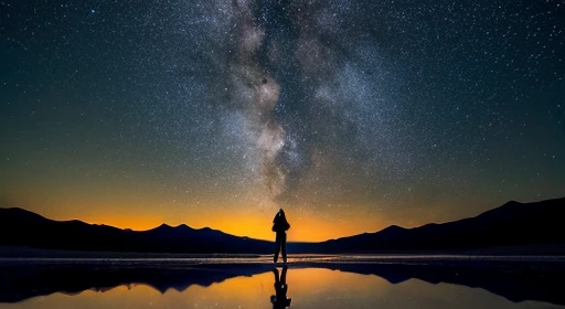 ((highest quality)), ((masterpiece)), ((long range shooting)),evening, women are,Standing on a salt lake,The water surface is like a mirror,Reflecting the sky。Look at the sky,The Milky Way is in the sky。