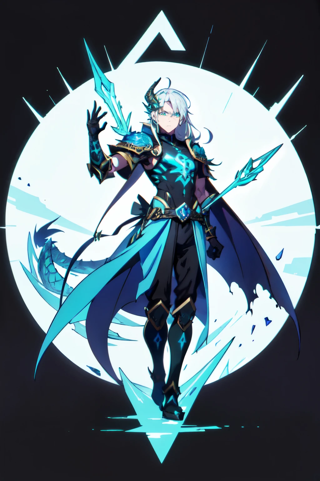 an anime man 1.80 tall (long silver hair) with (green eyes) with (a scar on his forehead in x) and (several runes on his body with a blue color but the most striking is one that resembles a dragon in your back)
clothes (he wears a torn cloak and a jointed chest and shoulder pads made of old plates with a symbol of two dragons)
his weapon (it is a bow made of black steel with blue runes that attach to a blue stone in the middle of the bow)