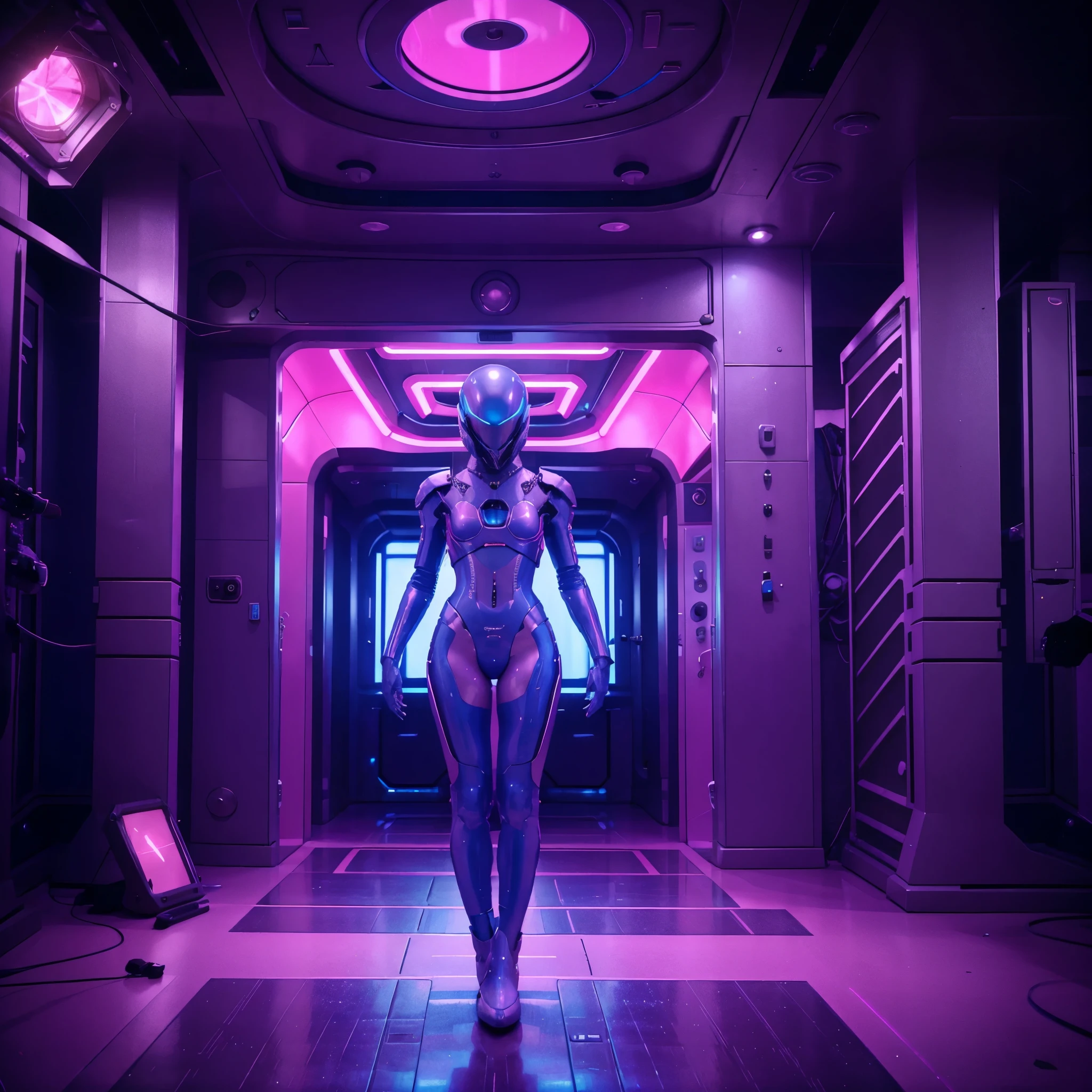 the interior of a futuristic alien spaceship, un alien dans un studio d'enregistrement qui compose de la musique, porte une armure, pink and blue neon atmosphere