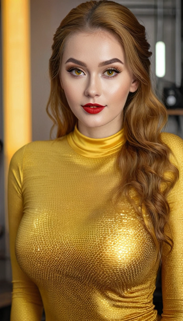 hyperrealistic beautiful busty 19-year-old woman with long legs wearing shiny golden yellow bodycon longsleeve and leggins with honeycomb pattern, model shooting full body photography, ginger very long straight updo hair, soaky wet skin, dark eye makeup with eyeliner, seductive smile, red lips, 8K, Best quality, Meisterwerk, ultra high resolution, (Realismus: 1.4), Originalfoto, (realistische Hautstruktur: 1.3), (Filmkorn: 1.3), (Selfie-Winkel), 1 girl, Beautiful round hazel eyes and facial details, Meisterwerk, Best quality, indoor photography, nsfw
