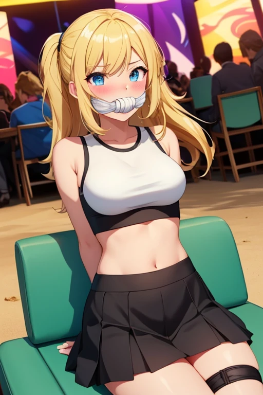 1 girl, detailed blue eyes, lange wimpern, detailed beautiful face, long ponytail, (very Long blonde hair:1.4), festgebunden, (arms behind back:1.6), gefesselte Arme, (blushing:1.3), (Big boobs:1.1), clv, Gag, gagged, bound knees and ankles, shibari over clothes, (black skirt, White crop top:1.4), sitting in a beach night Club on a soft chair, many people around, tied gag, nah aufnahmen