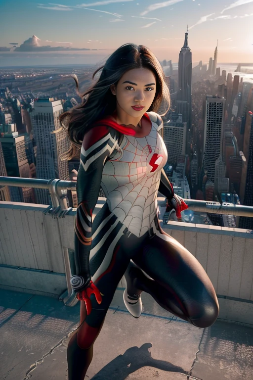 (Extreme Detail CG Unity 8K wallpaper, masterpiece, highest quality), (Exquisite lighting and shadow, highly dramatic graphics, Cinematic lens effect), (A girl in a white Spider-Man costume, from a parallel universe, city skyline in the background, dynamic pose), (excellent detail, outstanding lighting, wide angle), (excellent rendering, enough to stand out in its class)