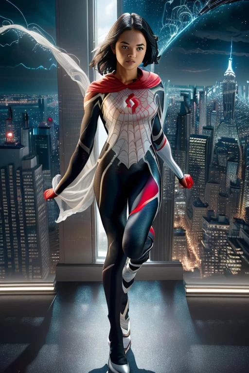 8k, best quality, (masterpiece:1.2), (realistic, photo-realistic:1.37), ultra-detailed, ((1girl)), innocent face, short wavy dark hair, wearing a spiderman outfit, standing on a ledge of a tall building, overlooking an evening skyline
