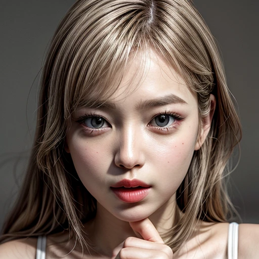 (highest quality,Super detailed,Physically Based Rendering:1.2), (RAW, Realistic, Photorealistic:1.37),Portraiture,Beautiful young woman with Delicate facial features,Soft lighting, ((Playfully licking finger with tongue, Gently placing a finger in the mouth)), (Close-up shot of sensual lips),Cheeks turn slightly red,A gentle and captivating gaze, cute BabyLike finger . Studio gray background, Light Particles, many blurred colorful Lights (dazzling bokeH) . BREAK . (((NOGIZAKA face variations))) Extremely Detailed very KAWAII face variations, elaborate detailed Eyes with (sparkling highlights:1.2), (Voluminous long eyelashes:0.9)、Glossy RED Lips with beautiful details, Coquettish tongue, Rosy cheeks, Radiant PearlSkin with clear transparency, (Natural:0.7) Detailed FlawlessSkin with glowing DowneyHair . { (Dynamic LifeLike expressions) | :d) }, (large eyes:-1) . mouth_hold