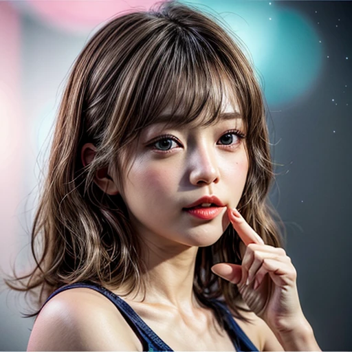 (highest quality,Super detailed,Physically Based Rendering:1.2), (RAW, Realistic, Photorealistic:1.37),Portraiture,Beautiful young woman with Delicate facial features,Soft lighting, ((Playfully licking finger with tongue, Gently placing a finger in the mouth)), (Close-up shot of sensual lips),Cheeks turn slightly red,A gentle and captivating gaze, cute BabyLike finger . Studio gray background, Light Particles, many blurred colorful Lights (dazzling bokeH) . BREAK . (((NOGIZAKA face variations))) Extremely Detailed very KAWAII face variations, elaborate detailed Eyes with (sparkling highlights:1.2), (Voluminous long eyelashes:0.9)、Glossy RED Lips with beautiful details, Coquettish tongue, Rosy cheeks, Radiant PearlSkin with clear transparency, (Natural:0.7) Detailed FlawlessSkin with glowing DowneyHair . { (Dynamic LifeLike expressions) | :d) }, (large eyes:-1) . mouth_hold