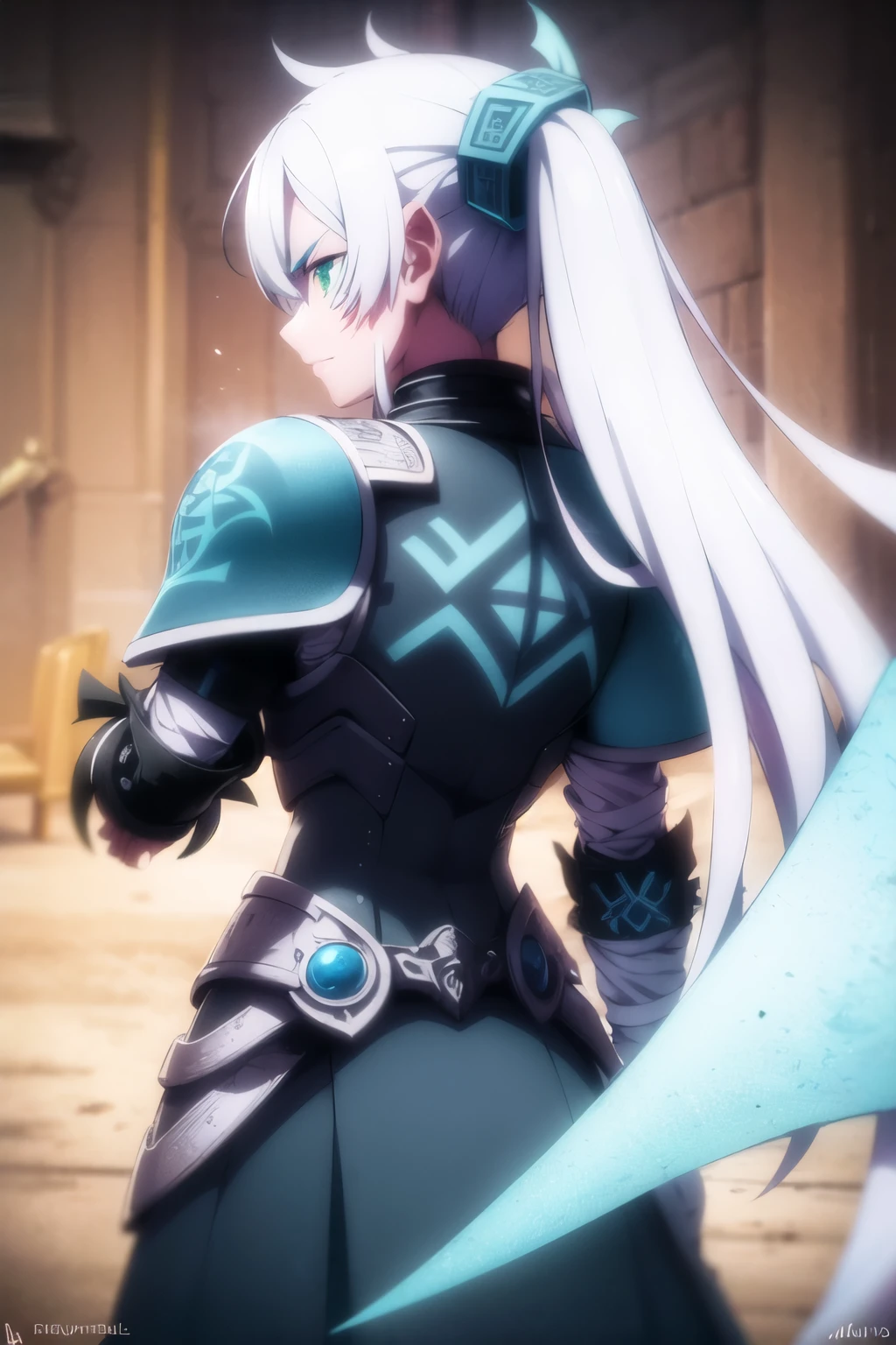 an anime man 1.80 tall (long silver hair) with (green eyes) with (a scar on his forehead in x) and (several runes on his body with a blue color but the most striking is one that resembles a dragon in your back) 

clothes (he wears a torn cloak and a jointed chest and shoulder pads made of old plates with a symbol of two dragons)

his weapon (it is a bow made of black steel with blue runes that attach to a blue stone in the middle of the bow)
