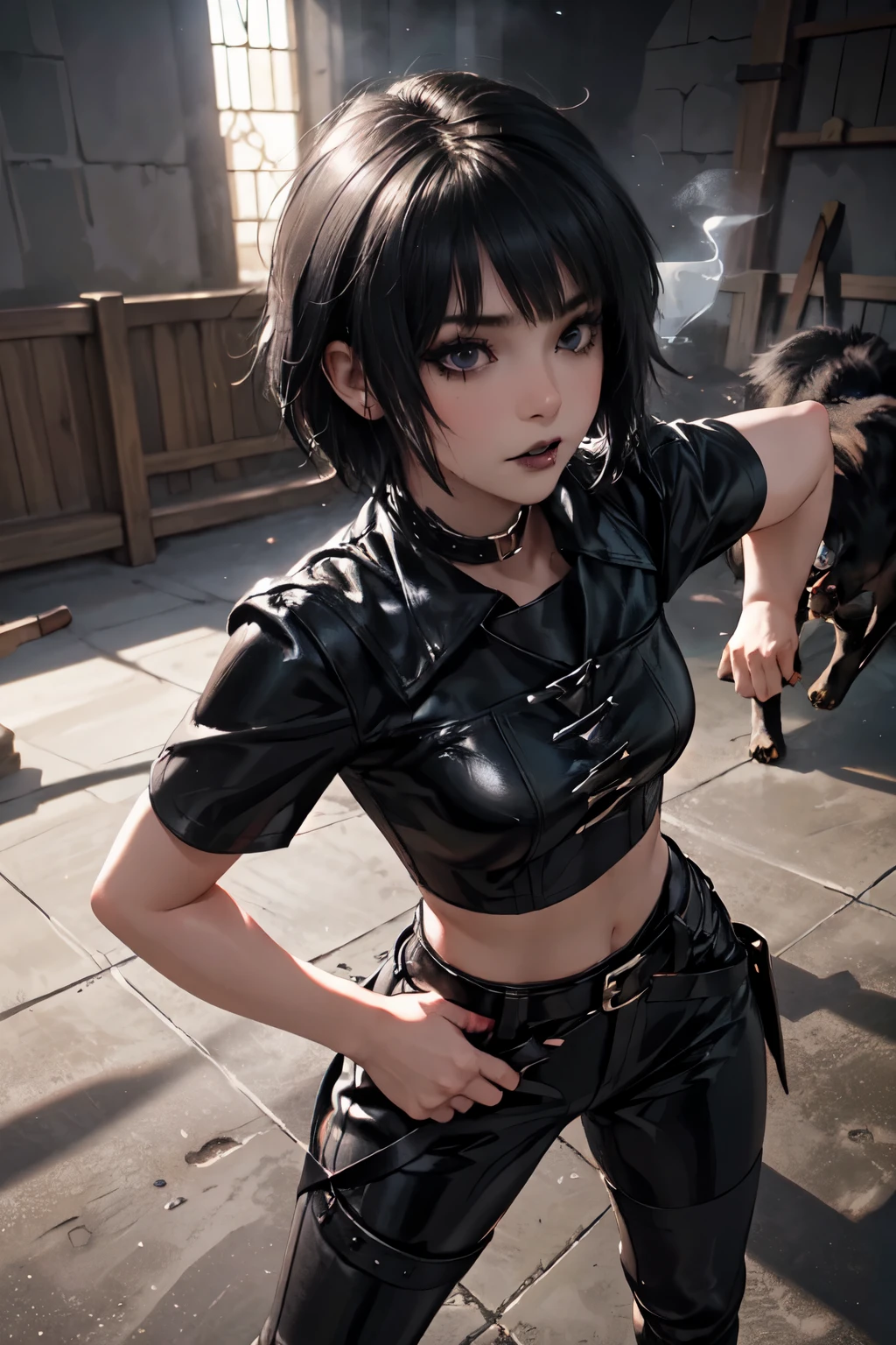 1Girl, woman, emo_hairstyle, black lipstick, dog collar, eyeliner, eye shadow, smoky eyes, realistic lighting, short hair, standing up, warrior, medieval, tight leather pants, shirt, bow, ready to shoot, fighting position.